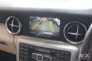 Reverse Camera view with dynamic guidelines displayed on factory Mercedes Banz screen